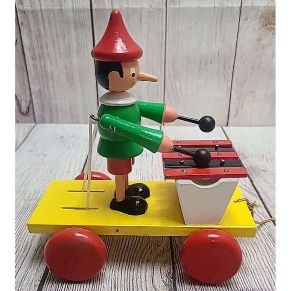 Vintage Unbranded Wooden Pinocchio Pull Toy Figure Yellow Red Green 7.5" - Picture 5 of 8